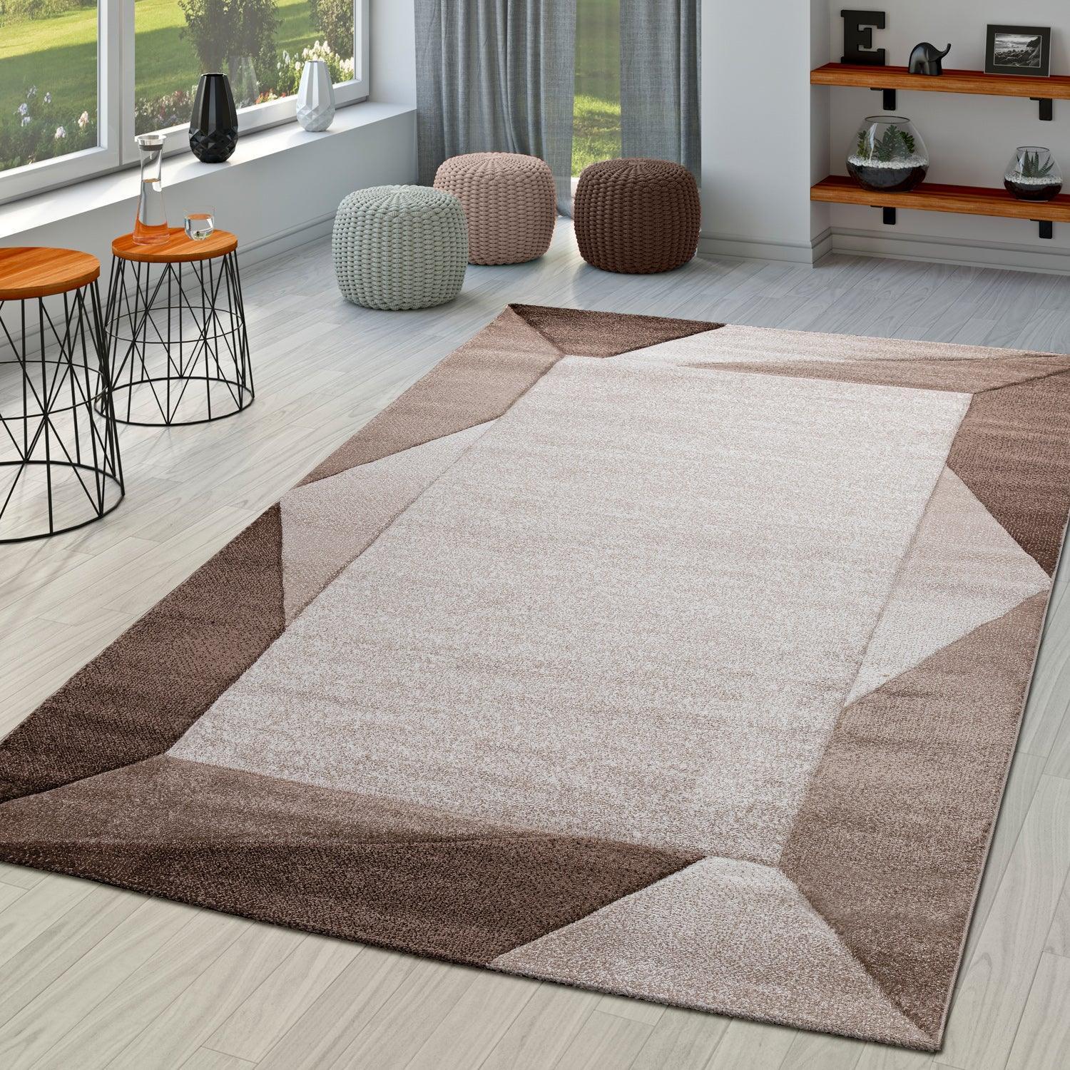 Living Room Rug Madeira Bordered with Geometric Pattern - Brown Beige RugYourHome