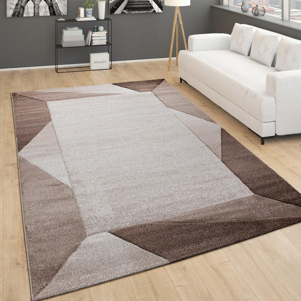 Living Room Rug Madeira Bordered with Geometric Pattern - Brown Beige RugYourHome