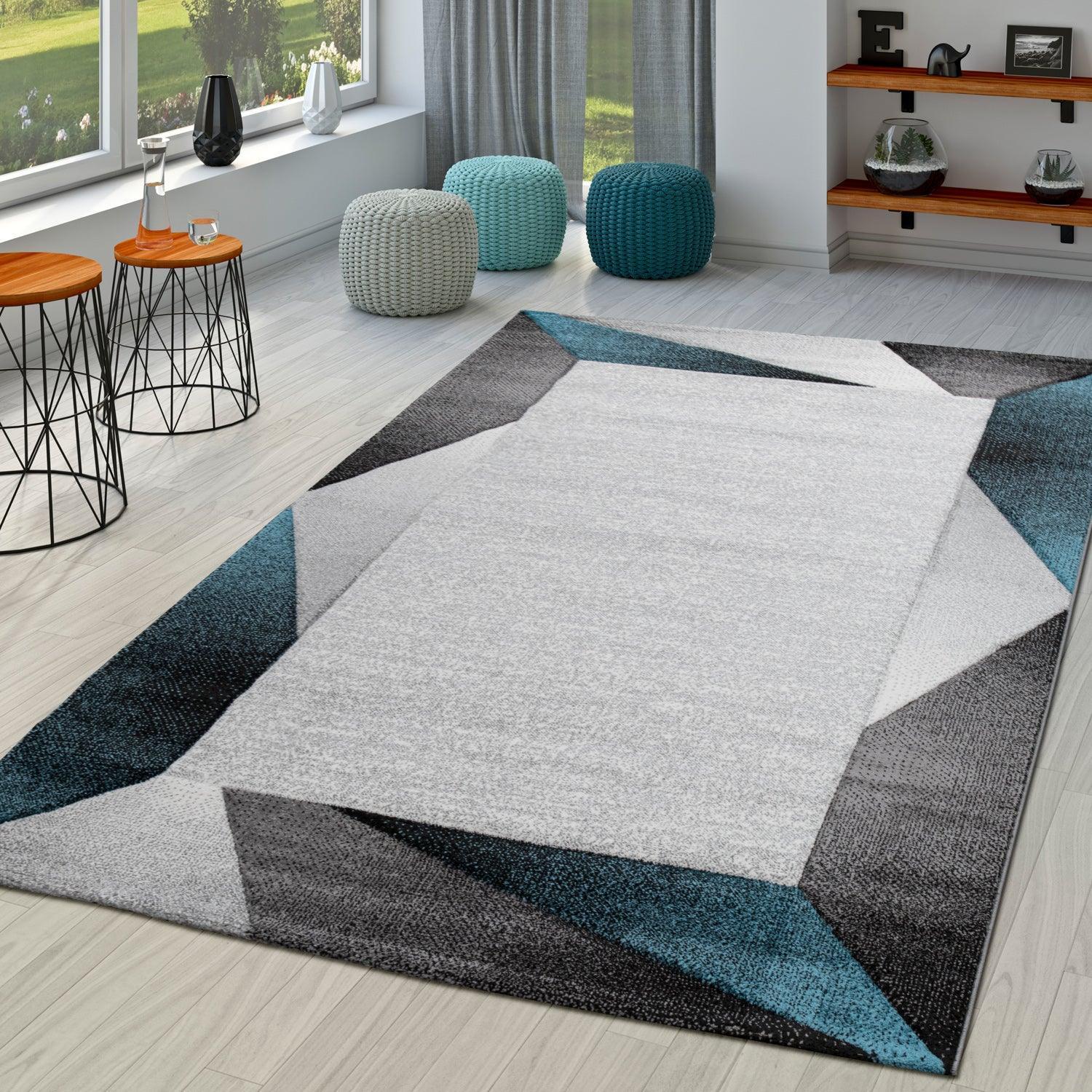 Living Room Rug Madeira Bordered with Geometric Pattern - Grey Blue RugYourHome