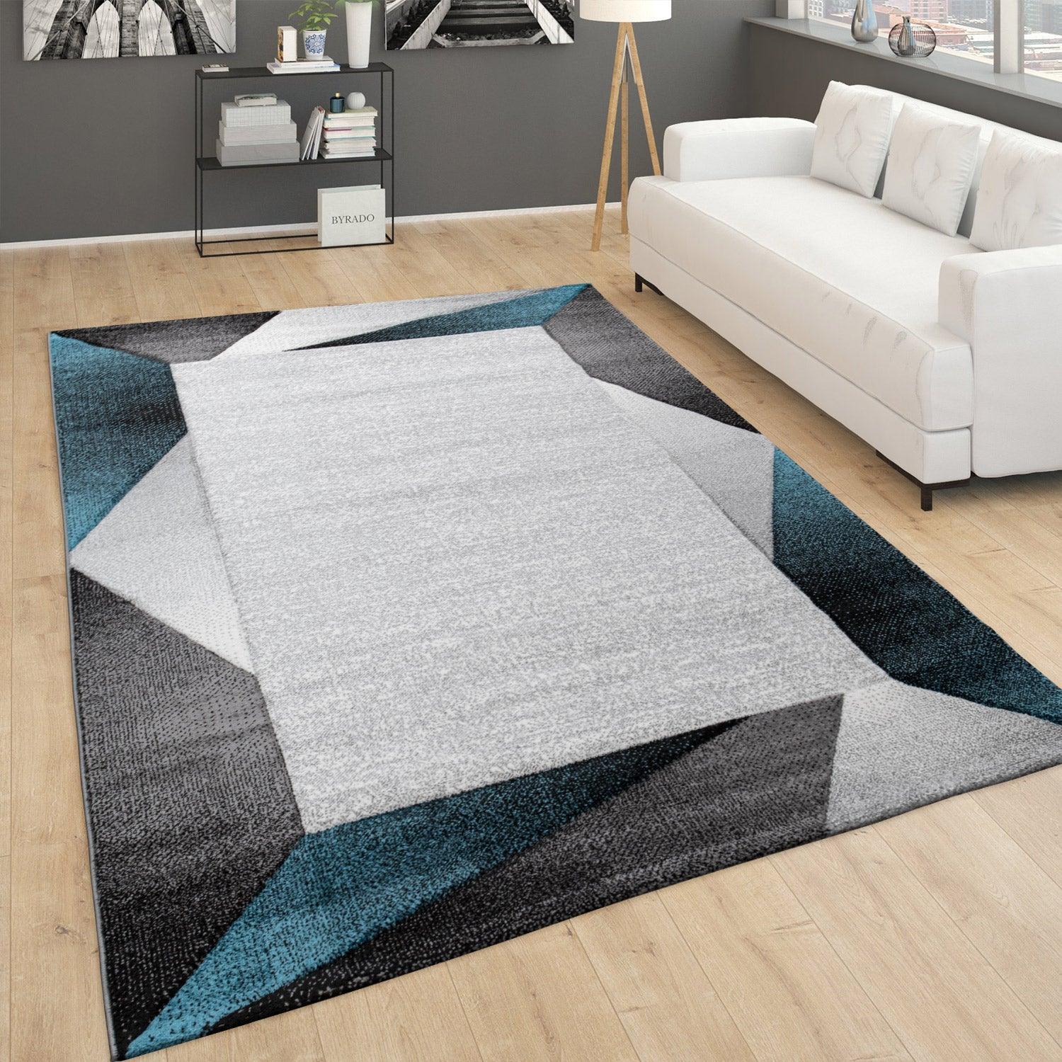 Living Room Rug Madeira Bordered with Geometric Pattern - Grey Blue RugYourHome