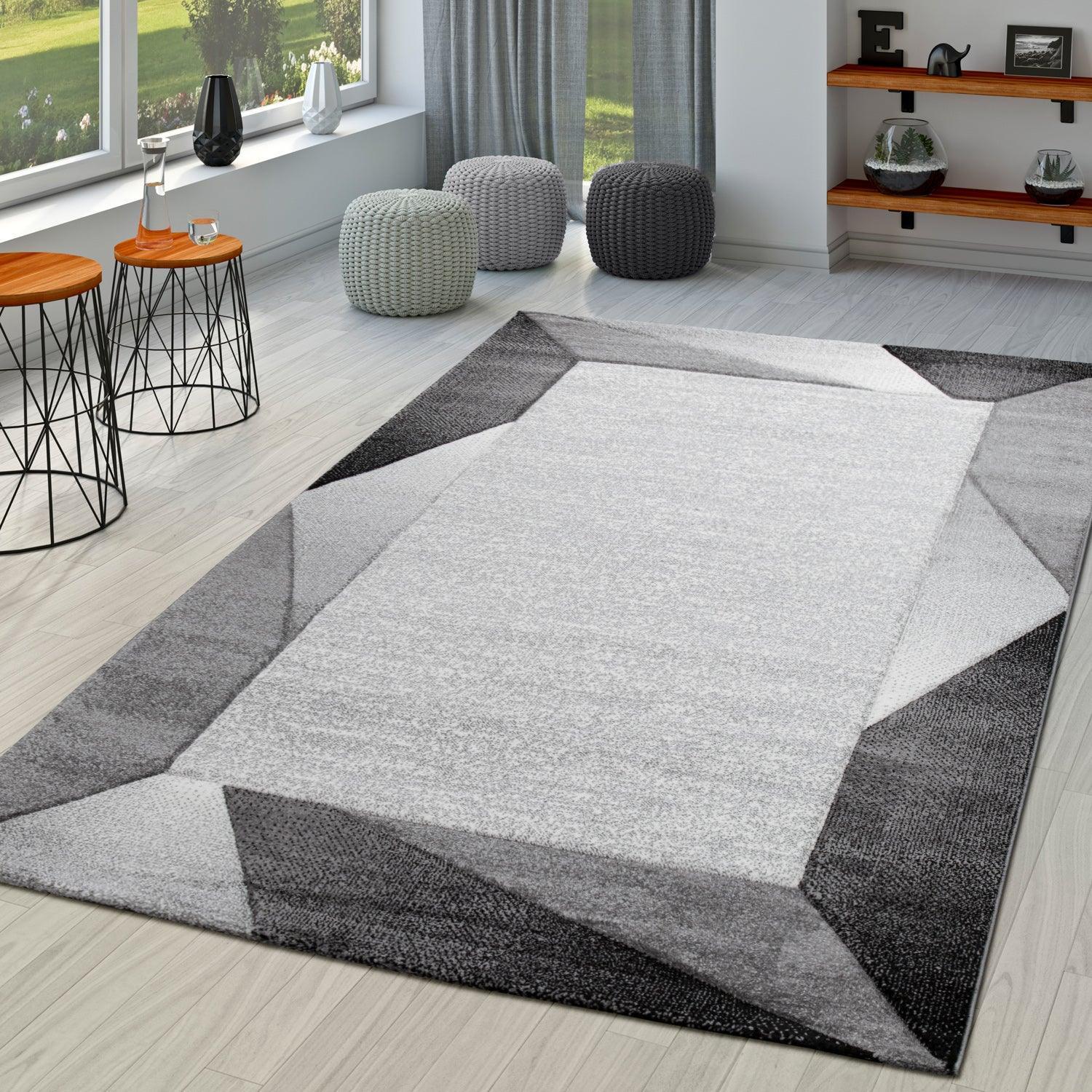 Living Room Rug Madeira Bordered with Geometric Pattern - Grey RugYourHome