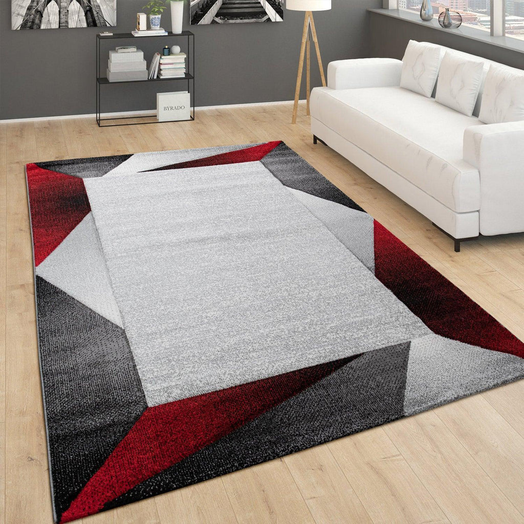 Living Room Rug Madeira Bordered with Geometric Pattern - Grey Red RugYourHome