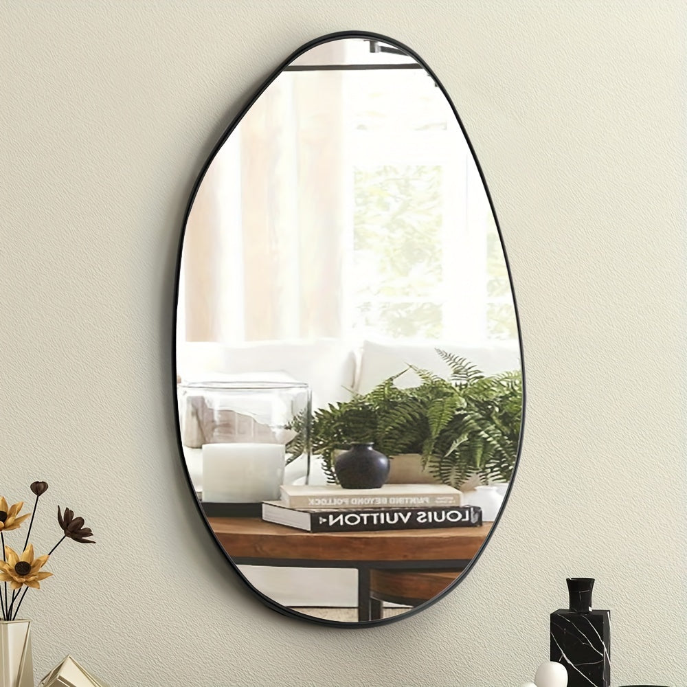 Long-shaped bathroom mirror, ordinary Silvery mirror + iron art + sand black, 4.0 Silvery mirror edge grinding + black High Quality film on the back, transparent protective film on the front, iron art sandblasted black border House Of Avana