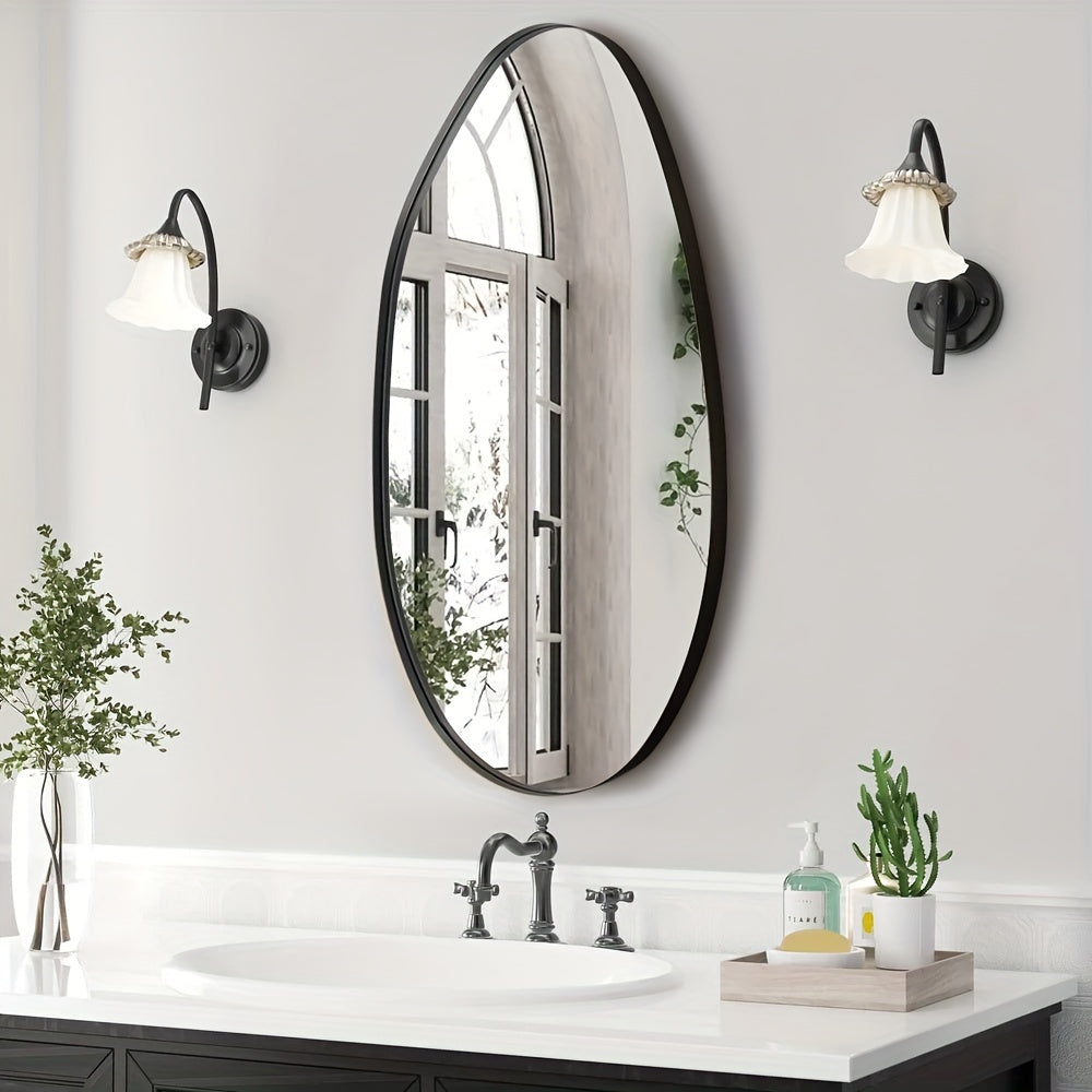 Long-shaped bathroom mirror, ordinary Silvery mirror + iron art + sand black, 4.0 Silvery mirror edge grinding + black High Quality film on the back, transparent protective film on the front, iron art sandblasted black border House Of Avana
