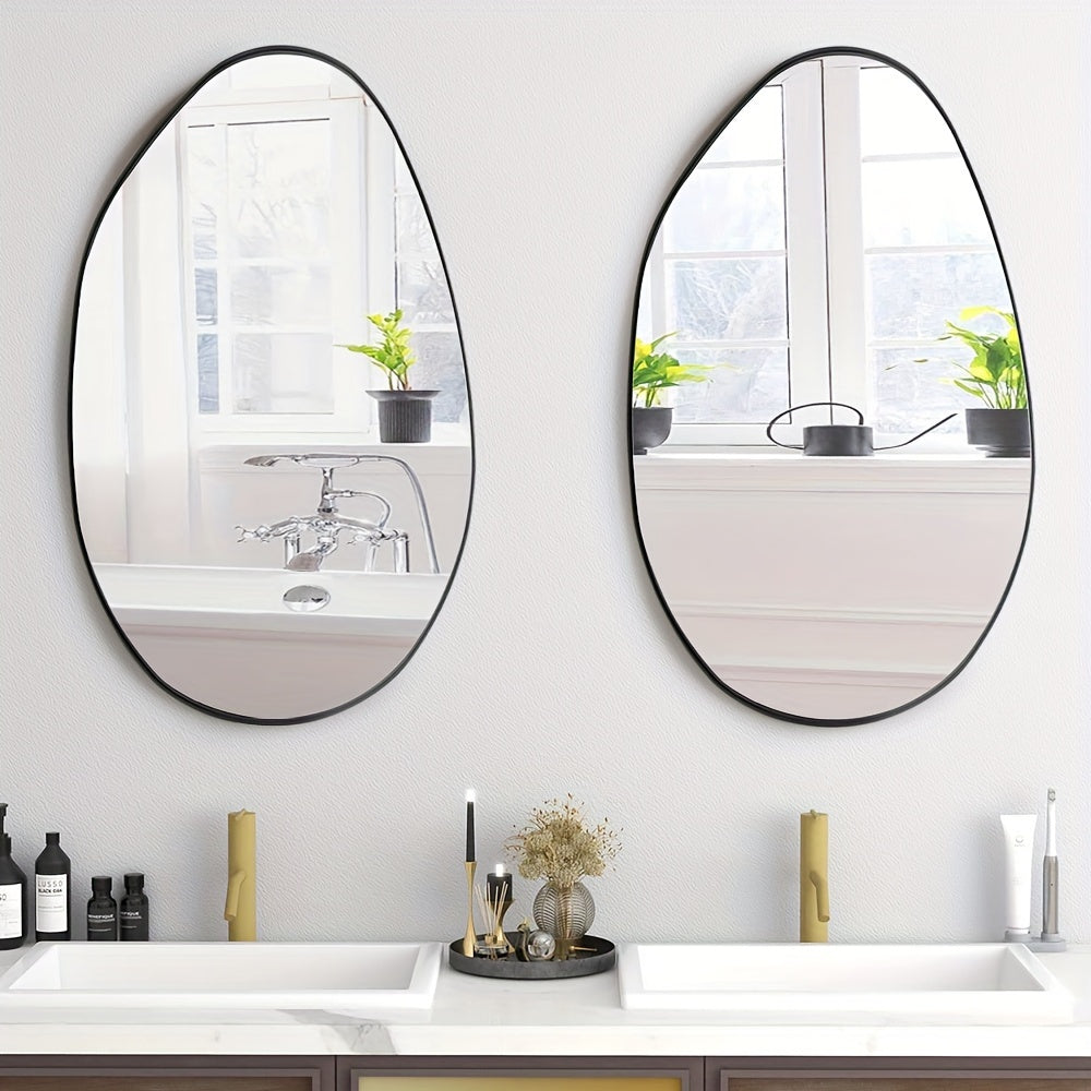 Long-shaped bathroom mirror, ordinary Silvery mirror + iron art + sand black, 4.0 Silvery mirror edge grinding + black High Quality film on the back, transparent protective film on the front, iron art sandblasted black border House Of Avana