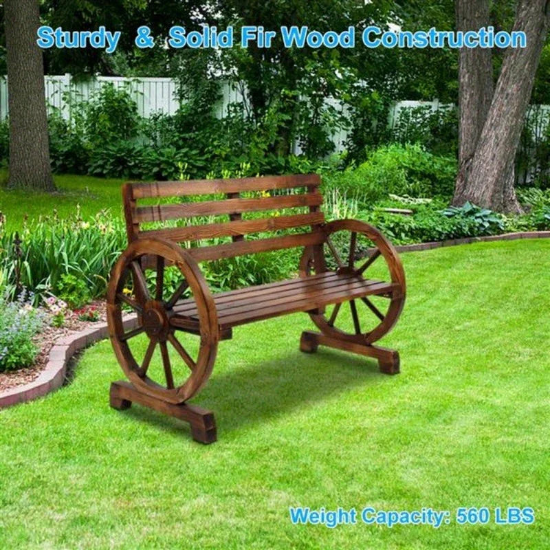 Rustic 2-Person Wooden Wagon Wheel Bench with Slatted Seat and Backrest, Brown House Of Avana