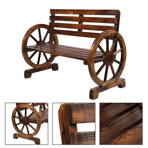 Rustic 2-Person Wooden Wagon Wheel Bench with Slatted Seat and Backrest, Brown House Of Avana [[SKU:HOA-GDN-002]]