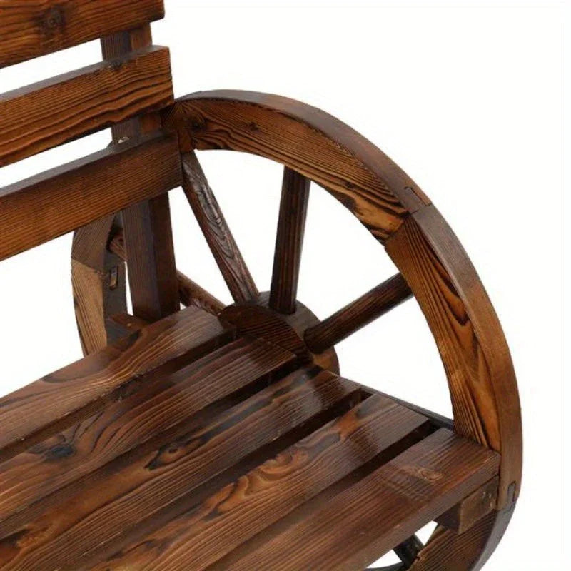 Rustic 2-Person Wooden Wagon Wheel Bench with Slatted Seat and Backrest, Brown House Of Avana