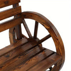 Rustic 2-Person Wooden Wagon Wheel Bench with Slatted Seat and Backrest, Brown House Of Avana