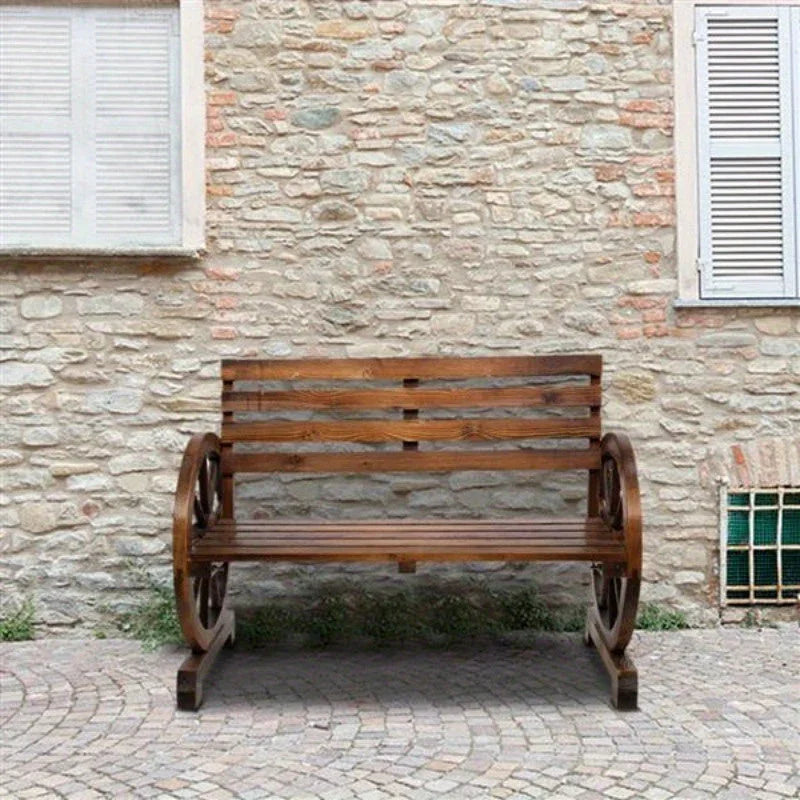 Rustic 2-Person Wooden Wagon Wheel Bench with Slatted Seat and Backrest, Brown House Of Avana