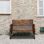 Rustic 2-Person Wooden Wagon Wheel Bench with Slatted Seat and Backrest, Brown House Of Avana