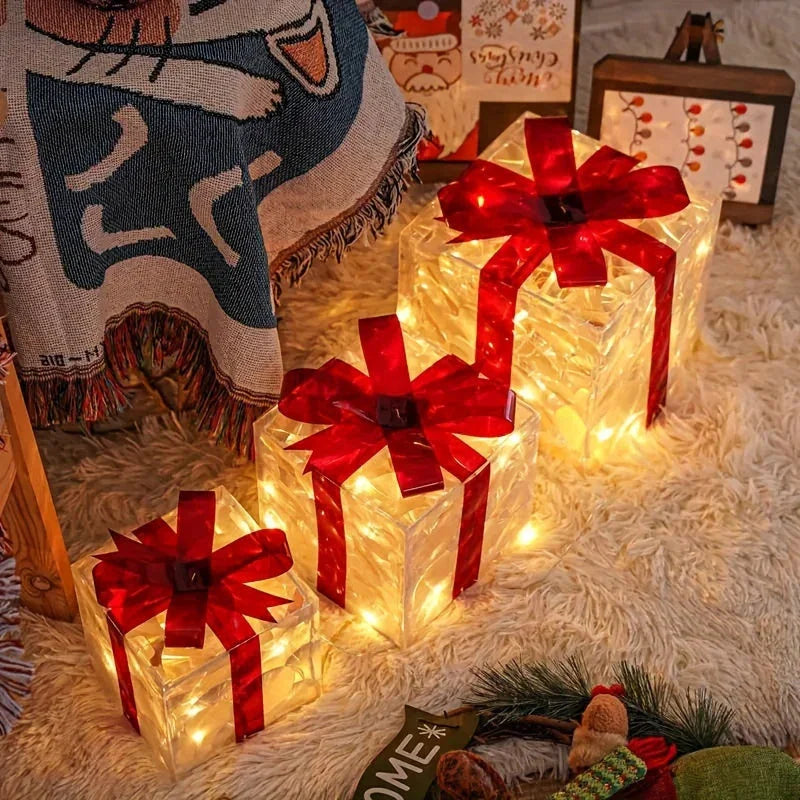 Three Sets Of Christmas Luminous And Exquisite Decorative Lights, Detachable Gift Box And Lighting Fixture (battery/USB Dual-purpose) Christmas Decorations, Red Bow Gift Boxes for Indoor, Living Room, Courtyard And Valentine' House Of Avana