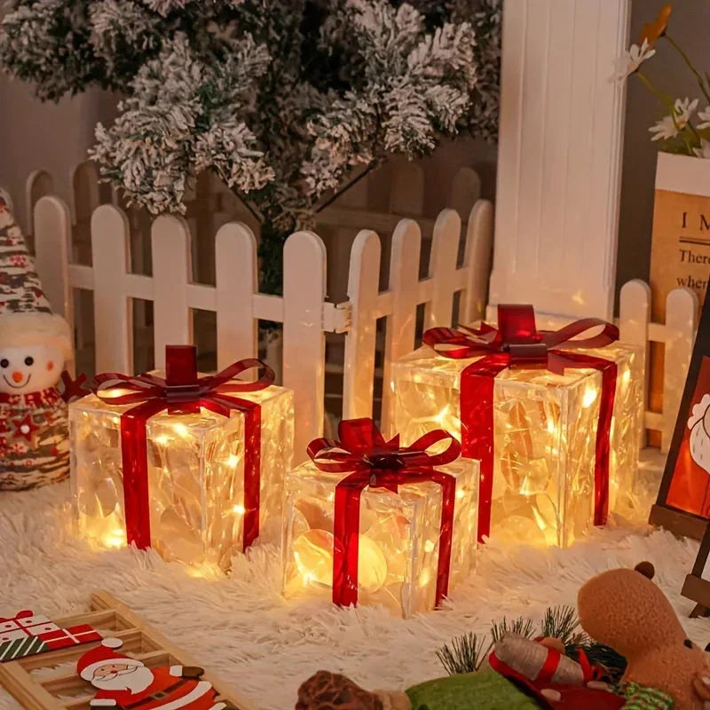 Three Sets Of Christmas Luminous And Exquisite Decorative Lights, Detachable Gift Box And Lighting Fixture (battery/USB Dual-purpose) Christmas Decorations, Red Bow Gift Boxes for Indoor, Living Room, Courtyard And Valentine' House Of Avana