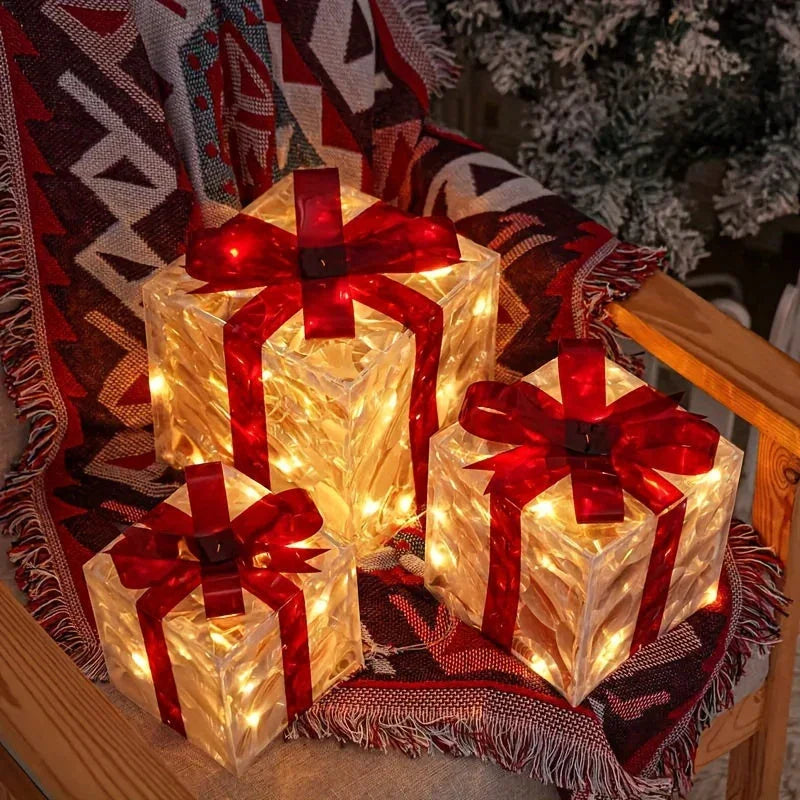 Three Sets Of Christmas Luminous And Exquisite Decorative Lights, Detachable Gift Box And Lighting Fixture (battery/USB Dual-purpose) Christmas Decorations, Red Bow Gift Boxes for Indoor, Living Room, Courtyard And Valentine' House Of Avana