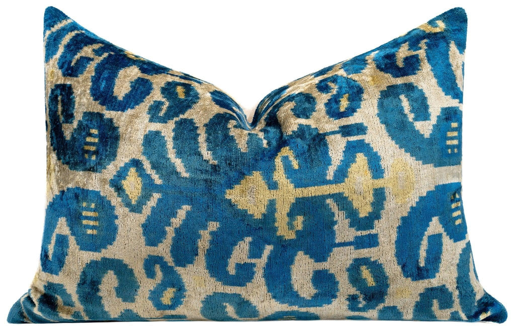 Luxurious 16x24 Handmade Ikat Silk Velvet Pillow with Premium Down Feather Insert by Canvello – Rich Blue and Gold Motifs Canvello