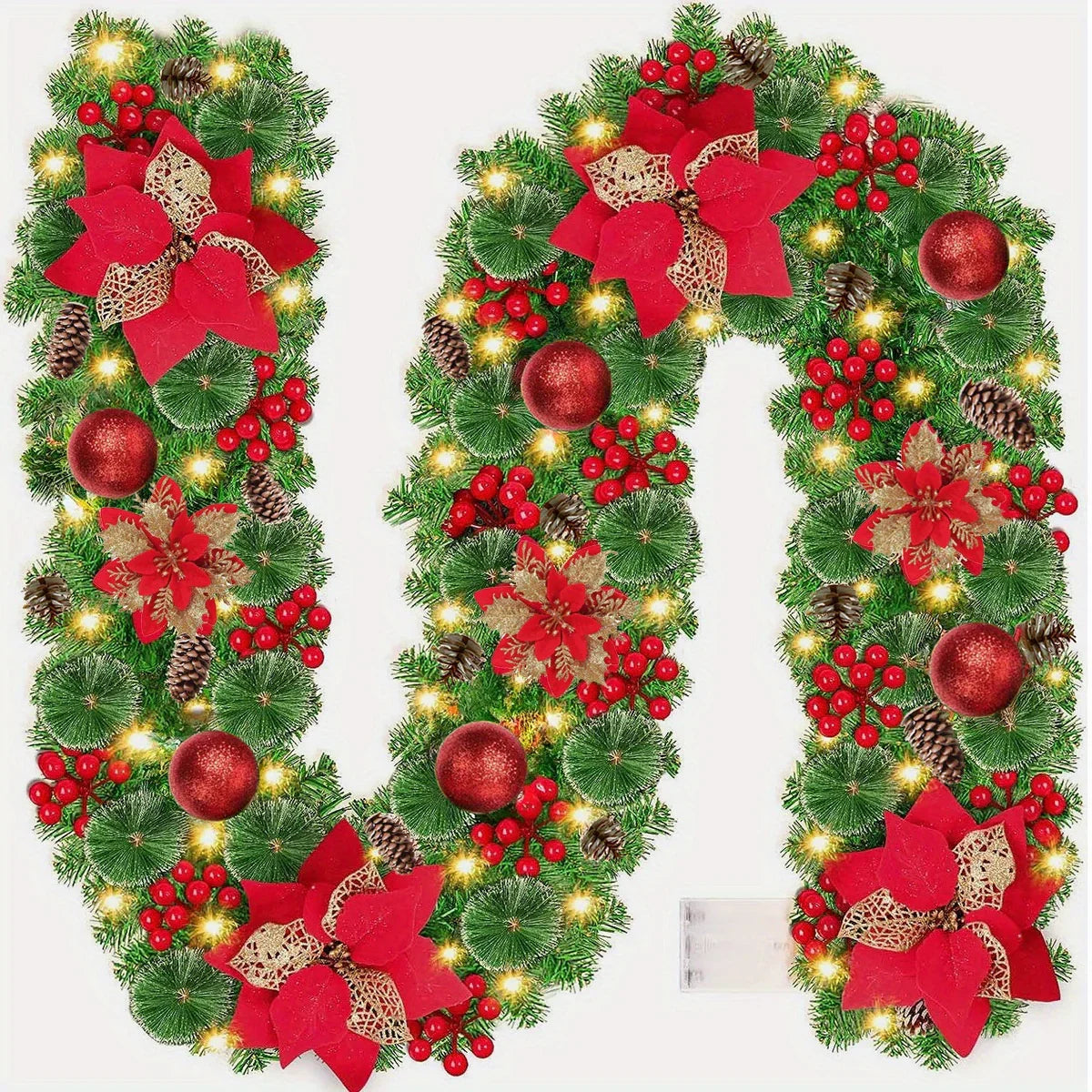 Luxury 9ft Artificial Christmas Garland with LED Lights - PVC Green Rattan, Red Flowers & Plastic Pine Cones - Battery Operated (AA), Ideal for Home, Stairs, Fireplace, Front Porch Decor, Christmas Decor House Of Avana