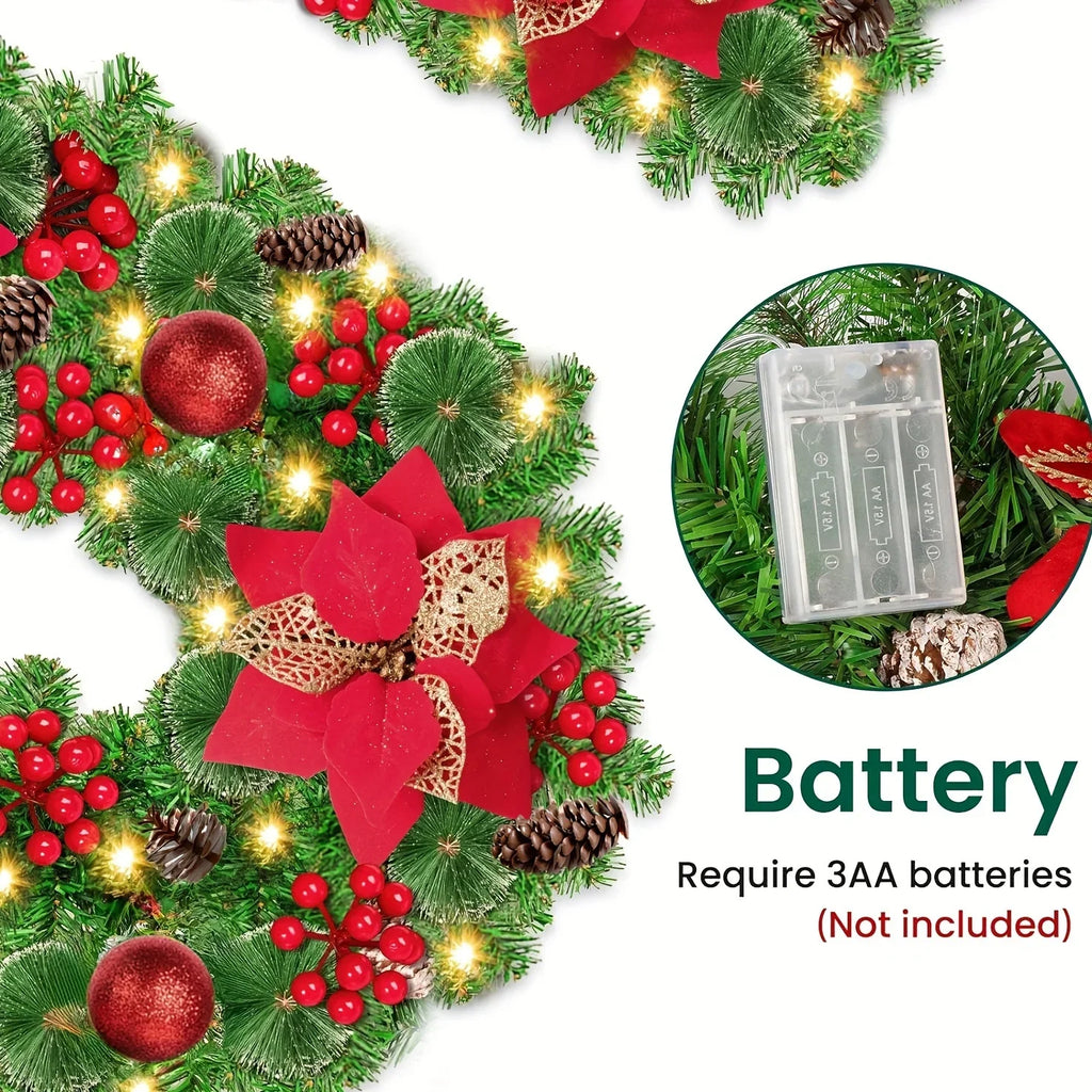 Luxury 9ft Artificial Christmas Garland with LED Lights - PVC Green Rattan, Red Flowers & Plastic Pine Cones - Battery Operated (AA), Ideal for Home, Stairs, Fireplace, Front Porch Decor, Christmas Decor House Of Avana