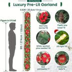 Luxury 9ft Artificial Christmas Garland with LED Lights - PVC Green Rattan, Red Flowers & Plastic Pine Cones - Battery Operated (AA), Ideal for Home, Stairs, Fireplace, Front Porch Decor, Christmas Decor House Of Avana