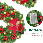 Luxury 9ft Artificial Christmas Garland with LED Lights - PVC Green Rattan, Red Flowers & Plastic Pine Cones - Battery Operated (AA), Ideal for Home, Stairs, Fireplace, Front Porch Decor, Christmas Decor House Of Avana