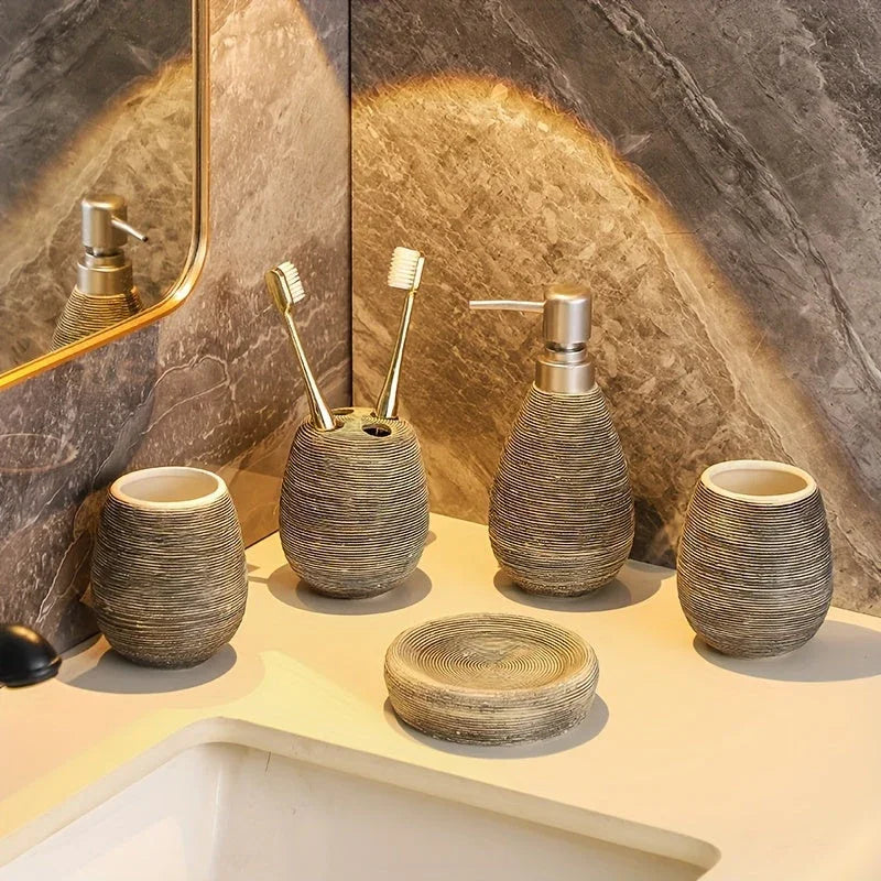 Luxury Bathroom Wash Set of Five with Pull Craft Wash Kit, Divided Bottles, Handmade Retro White Background, Household Bathroom Lotion Bottle, Toothbrush Cup, Mouthwash Cup, Soap Dish, Ceramic Bathroom House Of Avana