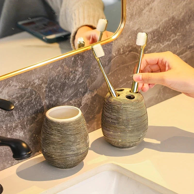 Luxury Bathroom Wash Set of Five with Pull Craft Wash Kit, Divided Bottles, Handmade Retro White Background, Household Bathroom Lotion Bottle, Toothbrush Cup, Mouthwash Cup, Soap Dish, Ceramic Bathroom House Of Avana