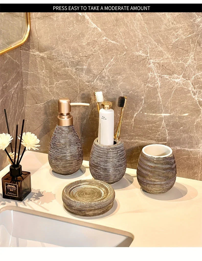 Luxury Bathroom Wash Set of Five with Pull Craft Wash Kit, Divided Bottles, Handmade Retro White Background, Household Bathroom Lotion Bottle, Toothbrush Cup, Mouthwash Cup, Soap Dish, Ceramic Bathroom House Of Avana