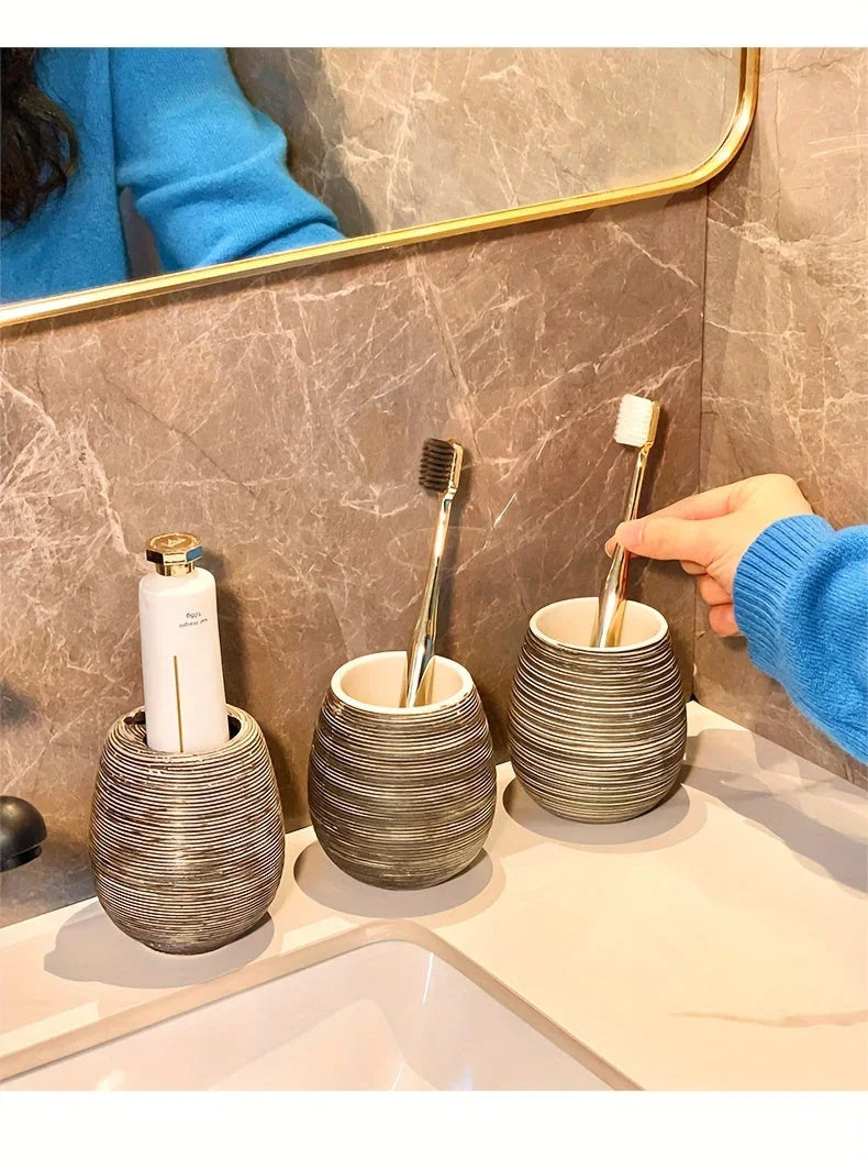 Luxury Bathroom Wash Set of Five with Pull Craft Wash Kit, Divided Bottles, Handmade Retro White Background, Household Bathroom Lotion Bottle, Toothbrush Cup, Mouthwash Cup, Soap Dish, Ceramic Bathroom House Of Avana