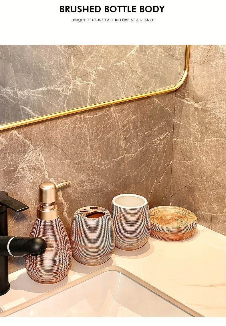 Luxury Bathroom Wash Set of Five with Pull Craft Wash Kit, Divided Bottles, Handmade Retro White Background, Household Bathroom Lotion Bottle, Toothbrush Cup, Mouthwash Cup, Soap Dish, Ceramic Bathroom House Of Avana