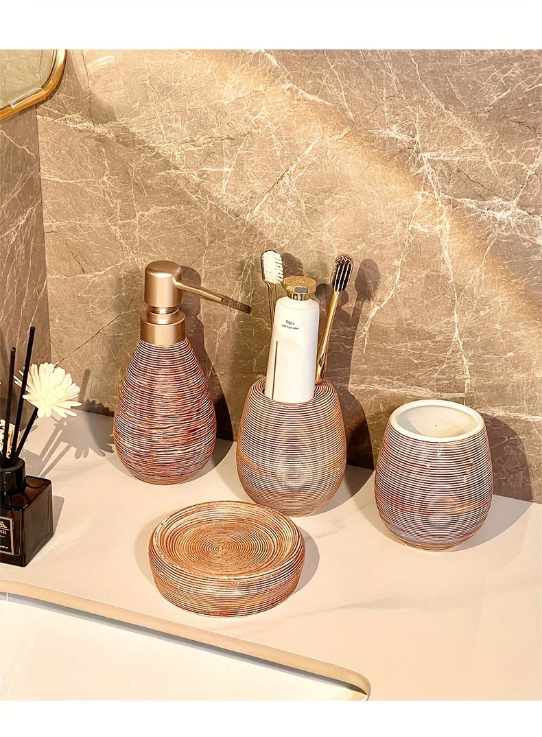 Luxury Bathroom Wash Set of Five with Pull Craft Wash Kit, Divided Bottles, Handmade Retro White Background, Household Bathroom Lotion Bottle, Toothbrush Cup, Mouthwash Cup, Soap Dish, Ceramic Bathroom House Of Avana