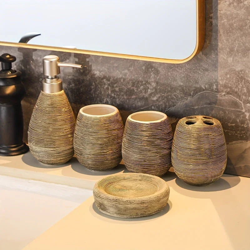 Luxury Bathroom Wash Set of Five with Pull Craft Wash Kit, Divided Bottles, Handmade Retro White Background, Household Bathroom Lotion Bottle, Toothbrush Cup, Mouthwash Cup, Soap Dish, Ceramic Bathroom House Of Avana