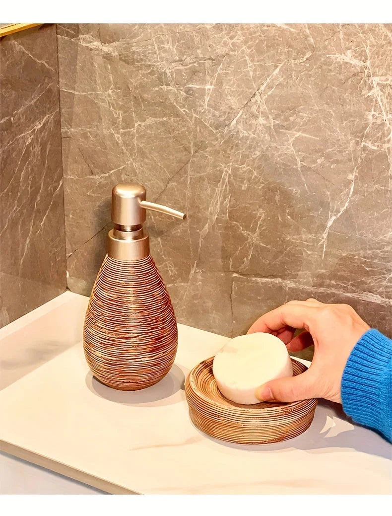 Luxury Bathroom Wash Set of Five with Pull Craft Wash Kit, Divided Bottles, Handmade Retro White Background, Household Bathroom Lotion Bottle, Toothbrush Cup, Mouthwash Cup, Soap Dish, Ceramic Bathroom House Of Avana