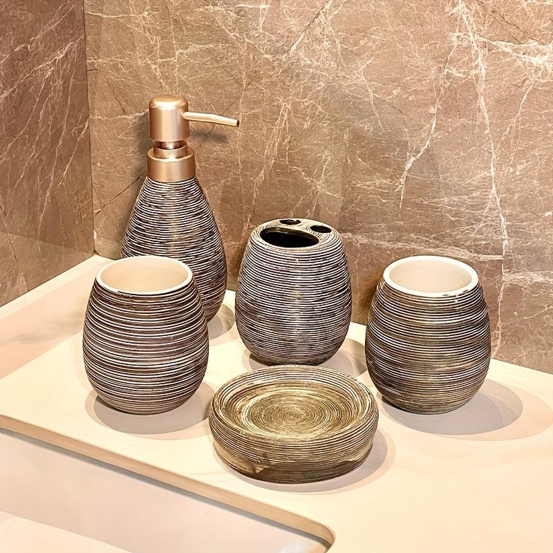 Luxury Bathroom Wash Set of Five with Pull Craft Wash Kit, Divided Bottles, Handmade Retro White Background, Household Bathroom Lotion Bottle, Toothbrush Cup, Mouthwash Cup, Soap Dish, Ceramic Bathroom House Of Avana