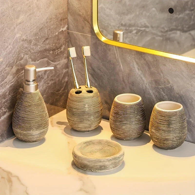 Luxury Bathroom Wash Set of Five with Pull Craft Wash Kit, Divided Bottles, Handmade Retro White Background, Household Bathroom Lotion Bottle, Toothbrush Cup, Mouthwash Cup, Soap Dish, Ceramic Bathroom House Of Avana