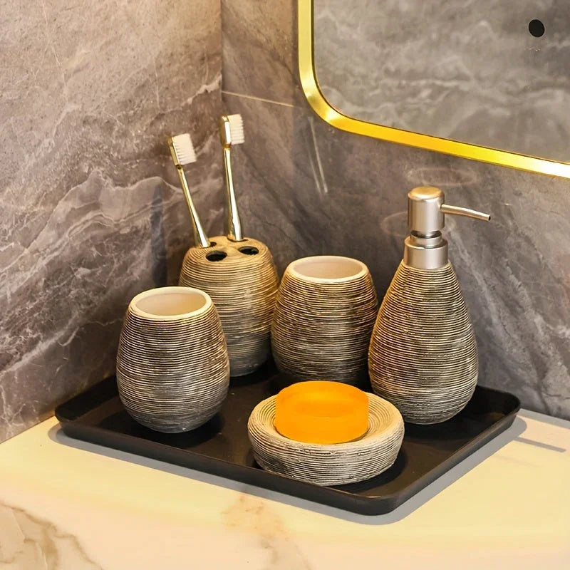 Luxury Bathroom Wash Set of Five with Pull Craft Wash Kit, Divided Bottles, Handmade Retro White Background, Household Bathroom Lotion Bottle, Toothbrush Cup, Mouthwash Cup, Soap Dish, Ceramic Bathroom House Of Avana