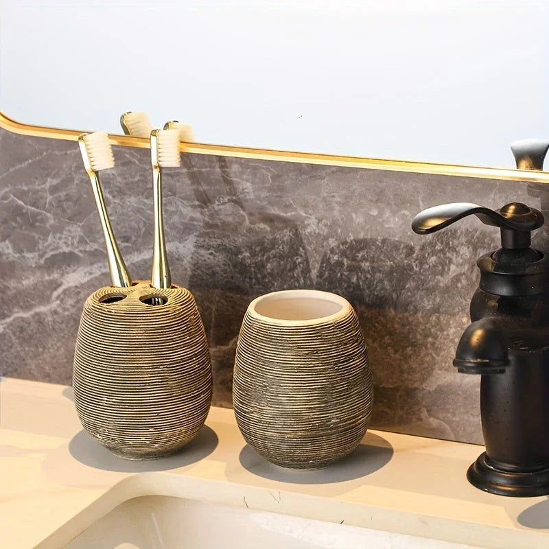 Luxury Bathroom Wash Set of Five with Pull Craft Wash Kit, Divided Bottles, Handmade Retro White Background, Household Bathroom Lotion Bottle, Toothbrush Cup, Mouthwash Cup, Soap Dish, Ceramic Bathroom House Of Avana