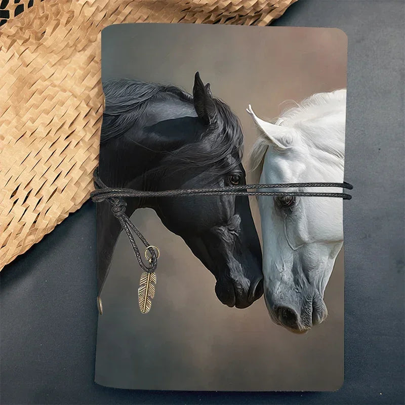 Luxury leather notebook with black and white horse watercolor art and a bronze feather charm cord closure.