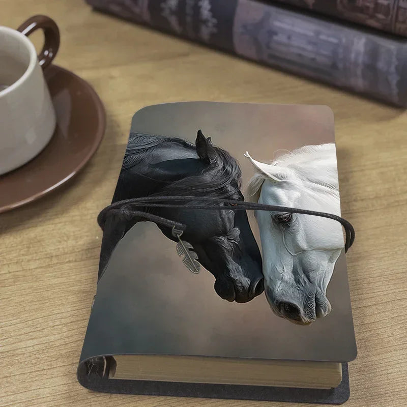 Luxury Leather Notebook - Elegant Horse Design (Black & White Horse Cover) - 160 Page (80 Sheets) Professional Journal with Rounded Corners & Elastic Closure - Ideal for Consultants, Lawyers, Writers - Office Planner, Client