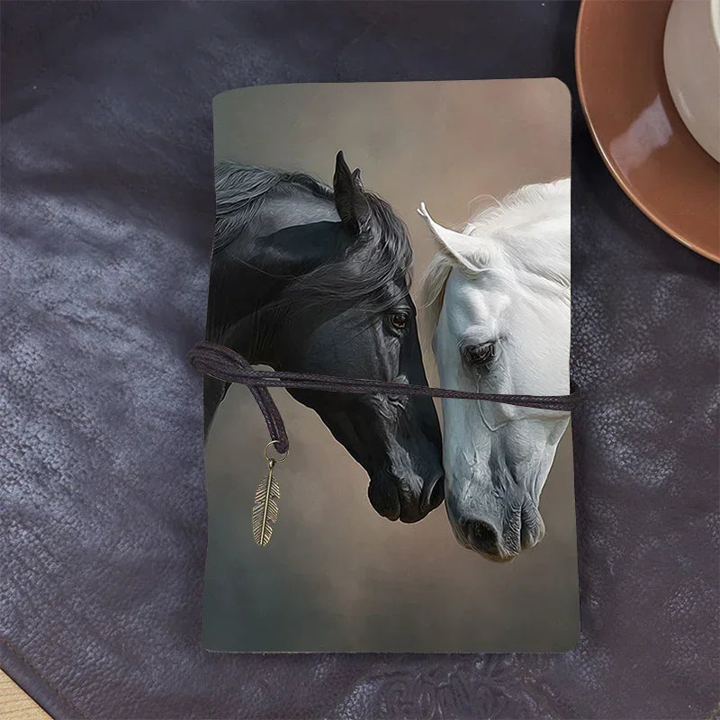 Luxury Leather Notebook - Elegant Horse Design (Black & White Horse Cover) - 160 Page (80 Sheets) Professional Journal with Rounded Corners & Elastic Closure - Ideal for Consultants, Lawyers, Writers - Office Planner, Client