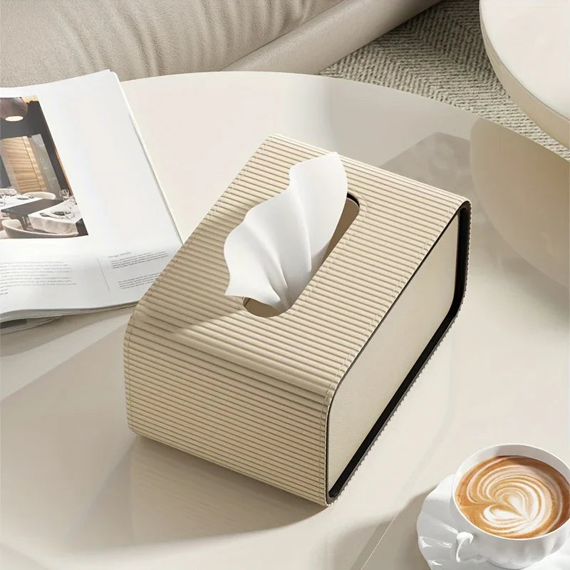 Modern Roman Column Faux Leather Tissue Box Holder - Beige & Brown Luxury Square Tissue Dispenser with Black Lid, Beige Paper Roll Compatible for Bathroom, Living Room, Office - Decorative Storage Organizer (Gift-Worthy Desig House Of Avana