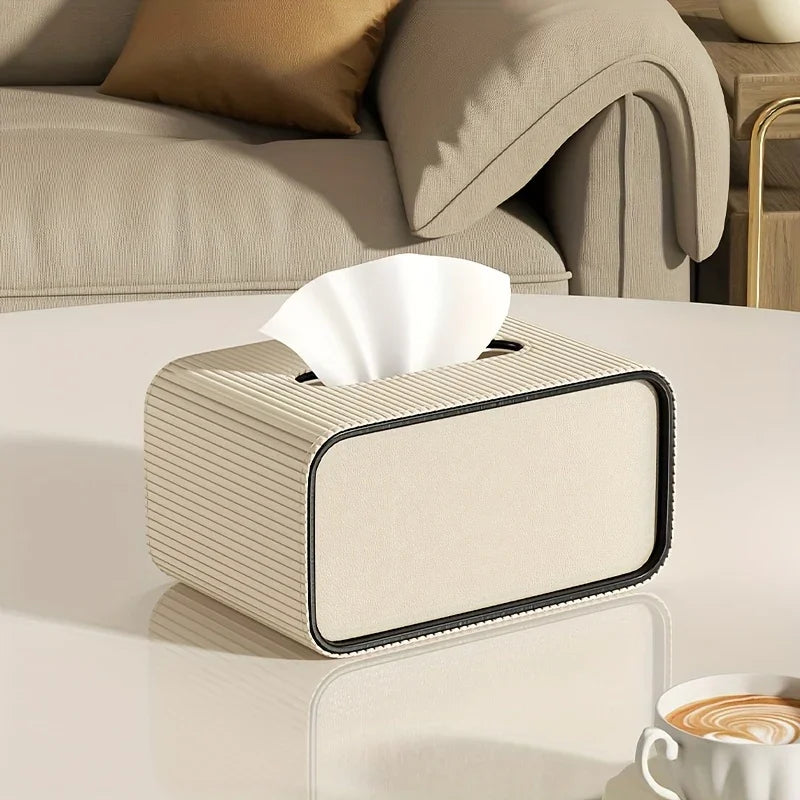 Modern Roman Column Faux Leather Tissue Box Holder - Beige & Brown Luxury Square Tissue Dispenser with Black Lid, Beige Paper Roll Compatible for Bathroom, Living Room, Office - Decorative Storage Organizer (Gift-Worthy Desig House Of Avana