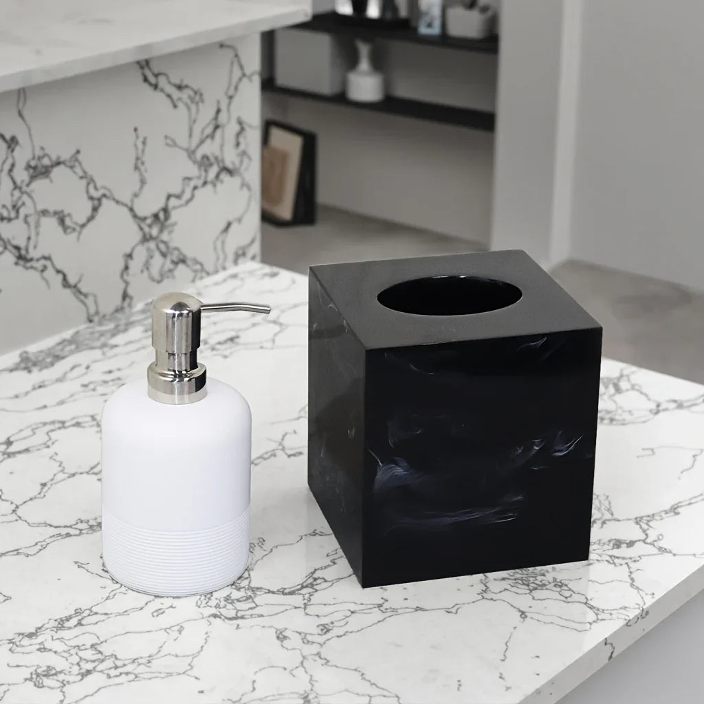 Resin Marble Pattern Tissue Box, Suitable for Hand Towels, Toilet Paper Rolls, etc., Can Be Placed in Bathroom, Living Room, Vanity Square Tissue Holder, Black Imitation Marble, White Imitation Marble House Of Avana
