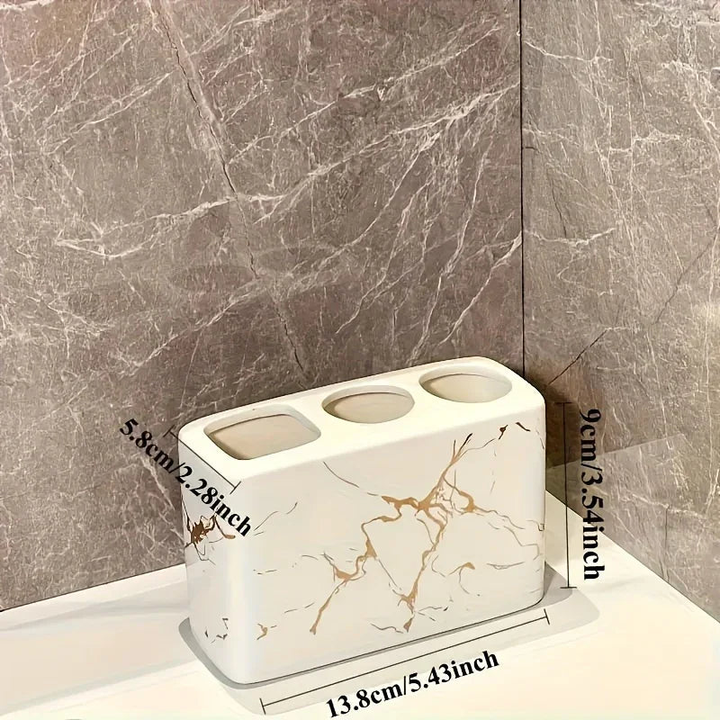 Luxury Marble Texture Ceramic 3-Slot Bathroom Organizer with Golden Veining - Black, White, Grey, Navy Blue & Golden Marble Finish - Rustproof Base & Rounded Edges, Modern Countertop Storage Set for Toothbrushes, Toothpaste, House Of Avana