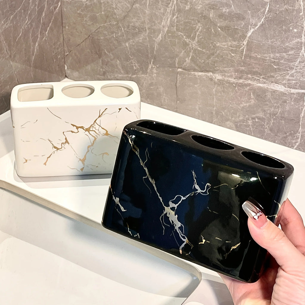 Luxury Marble Texture Ceramic 3-Slot Bathroom Organizer with Golden Veining - Black, White, Grey, Navy Blue & Golden Marble Finish - Rustproof Base & Rounded Edges, Modern Countertop Storage Set for Toothbrushes, Toothpaste, House Of Avana