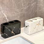 Luxury Marble Texture Ceramic 3-Slot Bathroom Organizer with Golden Veining - Black, White, Grey, Navy Blue & Golden Marble Finish - Rustproof Base & Rounded Edges, Modern Countertop Storage Set for Toothbrushes, Toothpaste, House Of Avana
