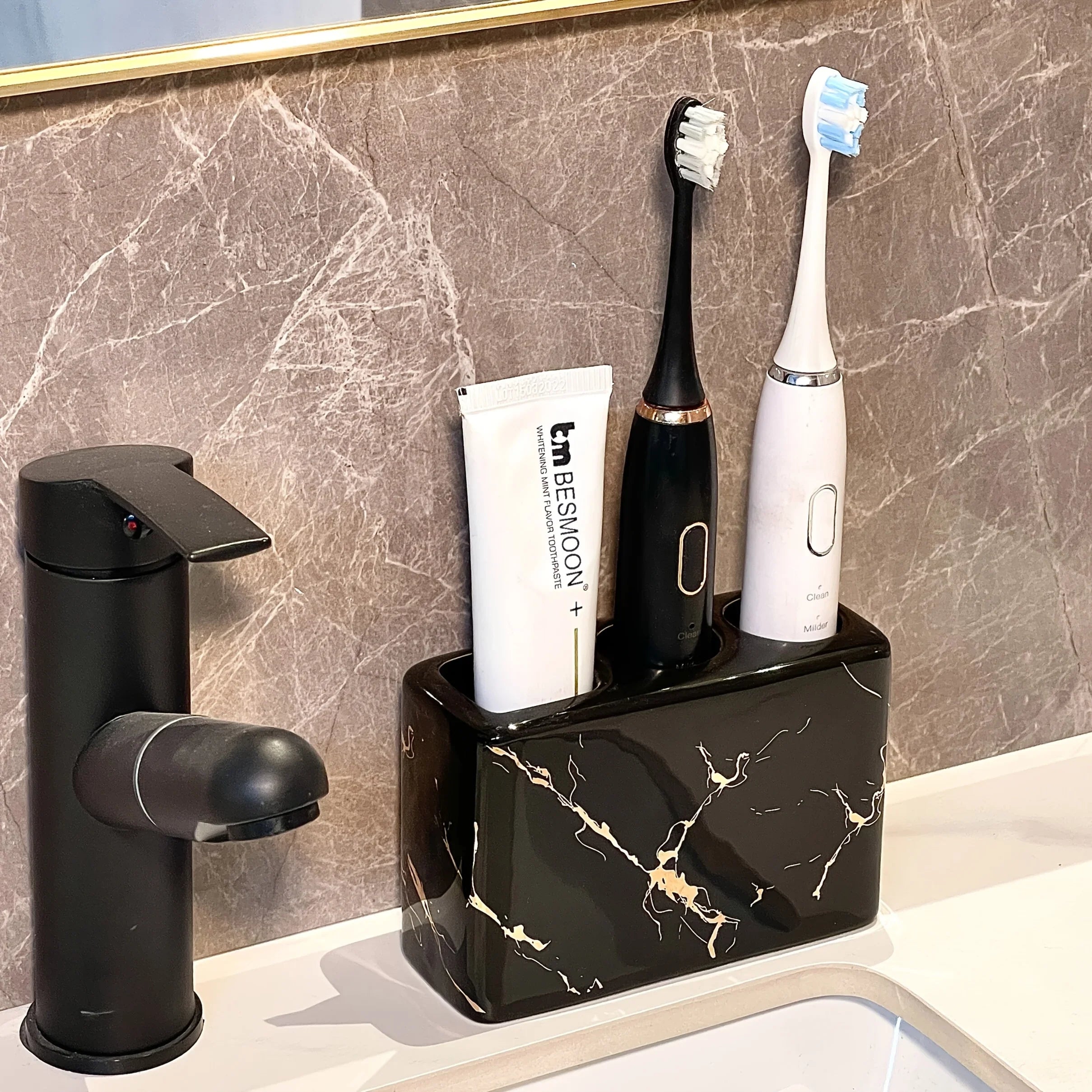 Luxury Marble Texture Ceramic 3-Slot Bathroom Organizer with Golden Veining - Black, White, Grey, Navy Blue & Golden Marble Finish - Rustproof Base & Rounded Edges, Modern Countertop Storage Set for Toothbrushes, Toothpaste, House Of Avana