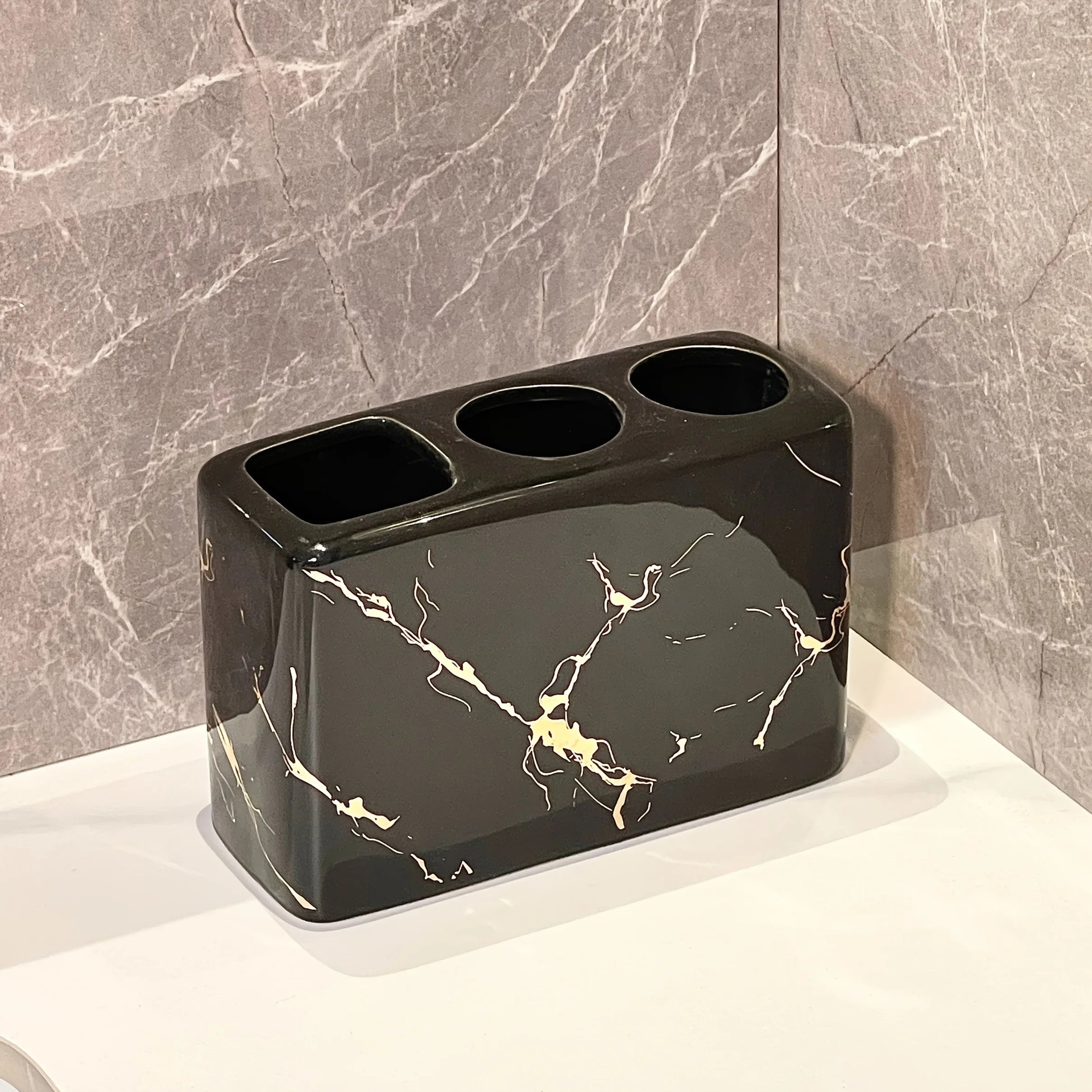 Luxury Marble Texture Ceramic 3-Slot Bathroom Organizer with Golden Veining - Black, White, Grey, Navy Blue & Golden Marble Finish - Rustproof Base & Rounded Edges, Modern Countertop Storage Set for Toothbrushes, Toothpaste, House Of Avana