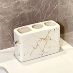 Luxury Marble Texture Ceramic 3-Slot Bathroom Organizer with Golden Veining - Black, White, Grey, Navy Blue & Golden Marble Finish - Rustproof Base & Rounded Edges, Modern Countertop Storage Set for Toothbrushes, Toothpaste, House Of Avana