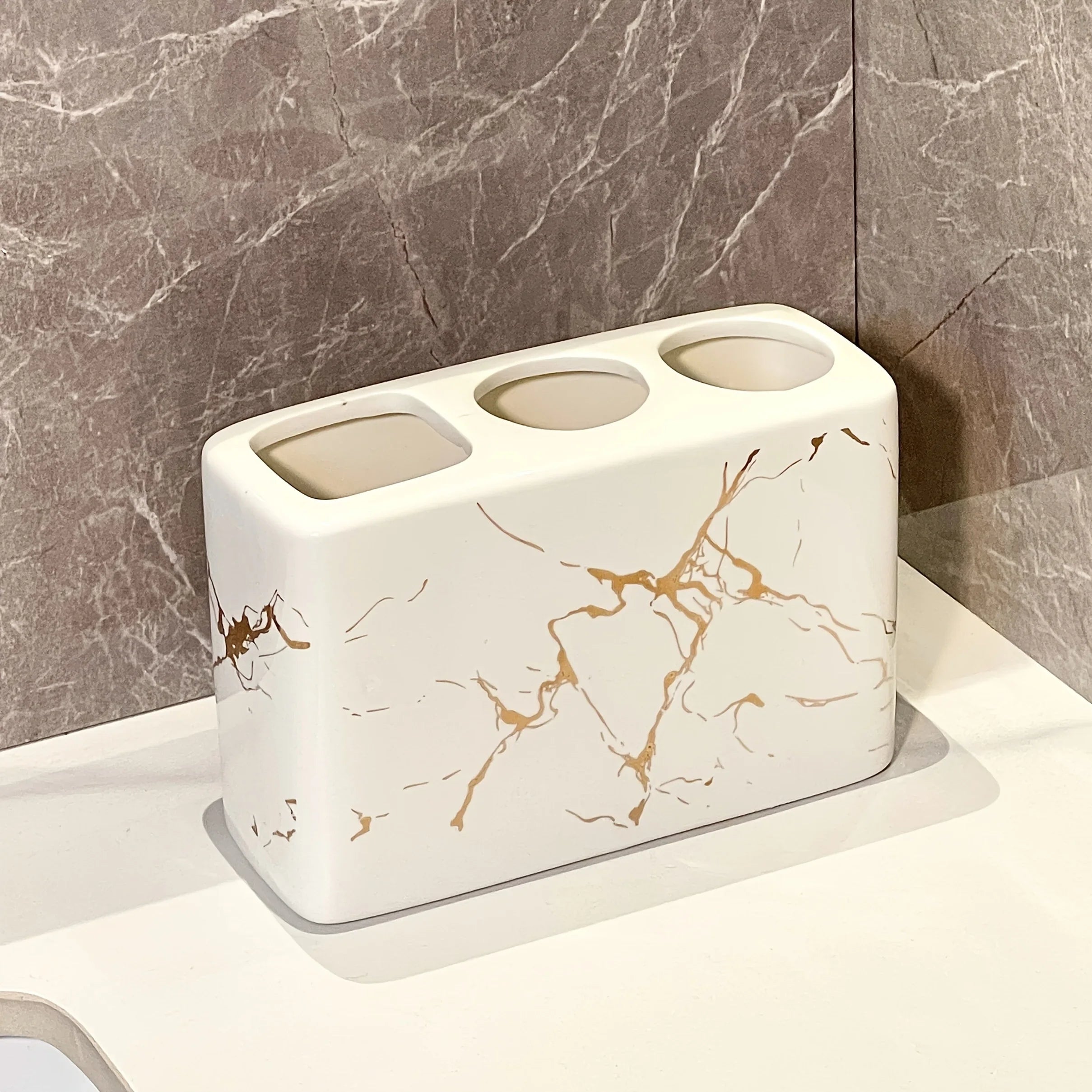 Luxury Marble Texture Ceramic 3-Slot Bathroom Organizer with Golden Veining - Black, White, Grey, Navy Blue & Golden Marble Finish - Rustproof Base & Rounded Edges, Modern Countertop Storage Set for Toothbrushes, Toothpaste, House Of Avana