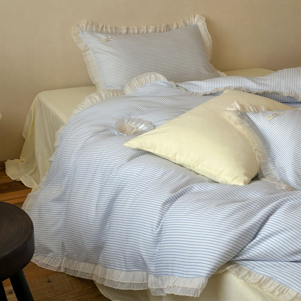 Mabel Lace Double Gauze Striped Bedding Set / Blue Ever Lasting