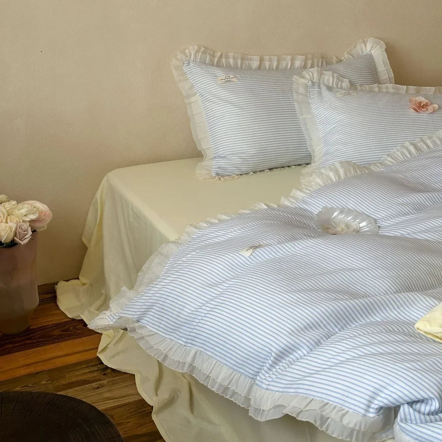 Mabel Lace Double Gauze Striped Bedding Set / Pink Ever Lasting